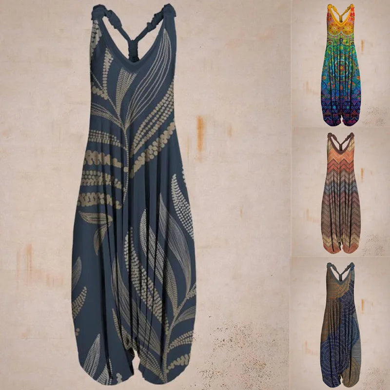 Damen Jumpsuit mit ethnischem Muster, ärmellos, in vier Farben: Blau, Bunt, Orange, Braun. Bequem, lässig, ideal für Sommermode.