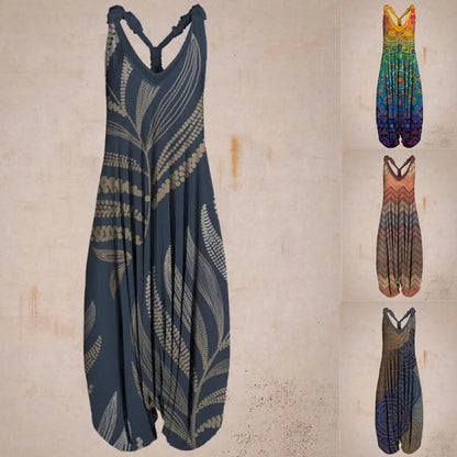 Damen Jumpsuit mit ethnischem Muster, ärmellos, in vier Farben: Blau, Bunt, Orange, Braun. Bequem, lässig, ideal für Sommermode.