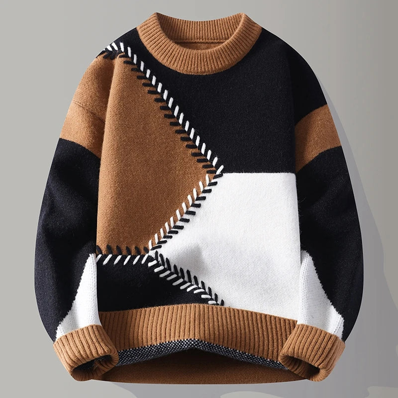 Herren-Pullover mit geometrischem Color-Blocking und geripptem Saum