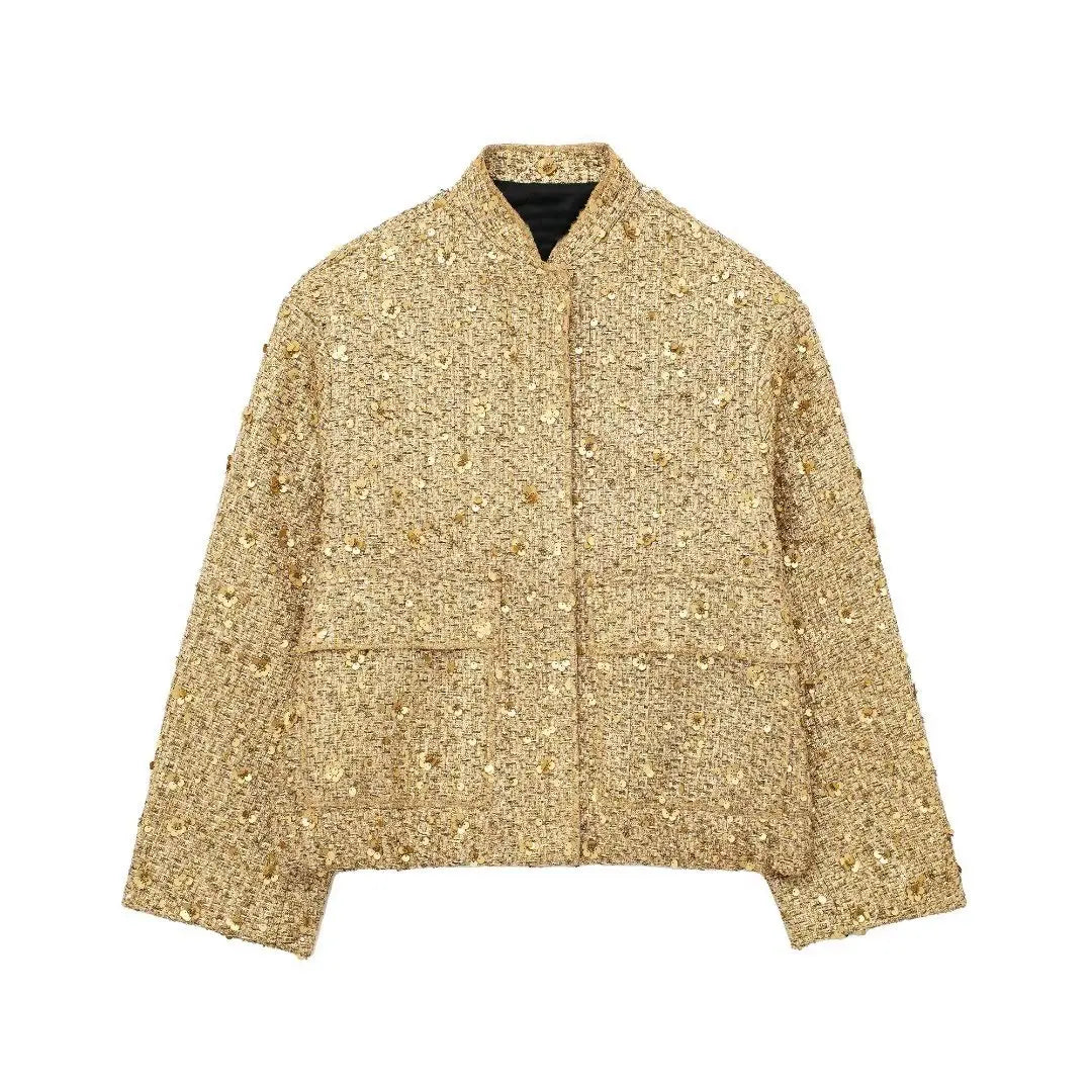 Goldene Paillettenjacke, Damenmode, luxuriöses Design, glänzender Stoff, modische Oberbekleidung, stilvolle Jacke für besondere Anlässe.