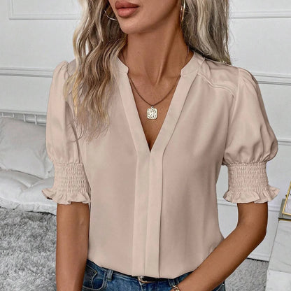 Damen Chiffonbluse mit V-Ausschnitt und Puffärmeln
