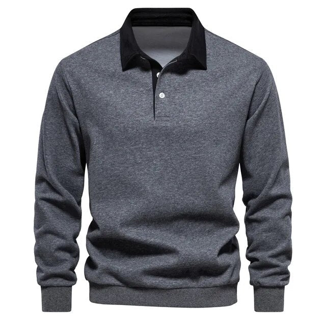Grauer Herrenpullover mit schwarzem Kragen, Langarm, klassisches Design, ideal für Freizeit und Büro, stilvolle Herrenmode.