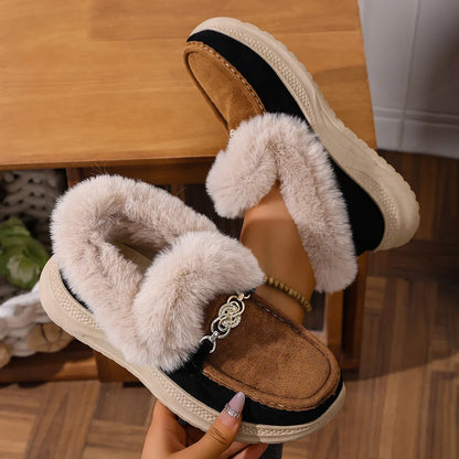 Damen Loafer Veganes Wildleder Orthopädische Plateausohle Kunstfellkragen mit Kettendetail