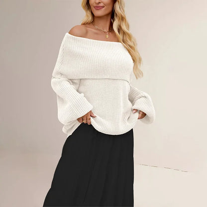 Women's Knit Sweater with Overlapping Collar and Wide Sleeves