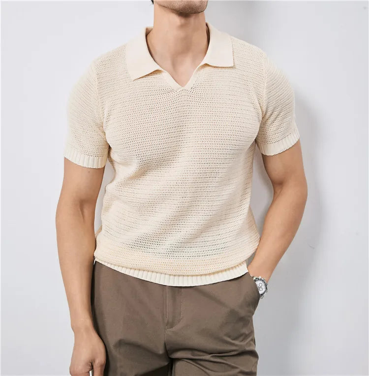 Men's Summer Knitted Polo Shirt with V-Neck, Elastic Waistband, and Breathable Fabric
