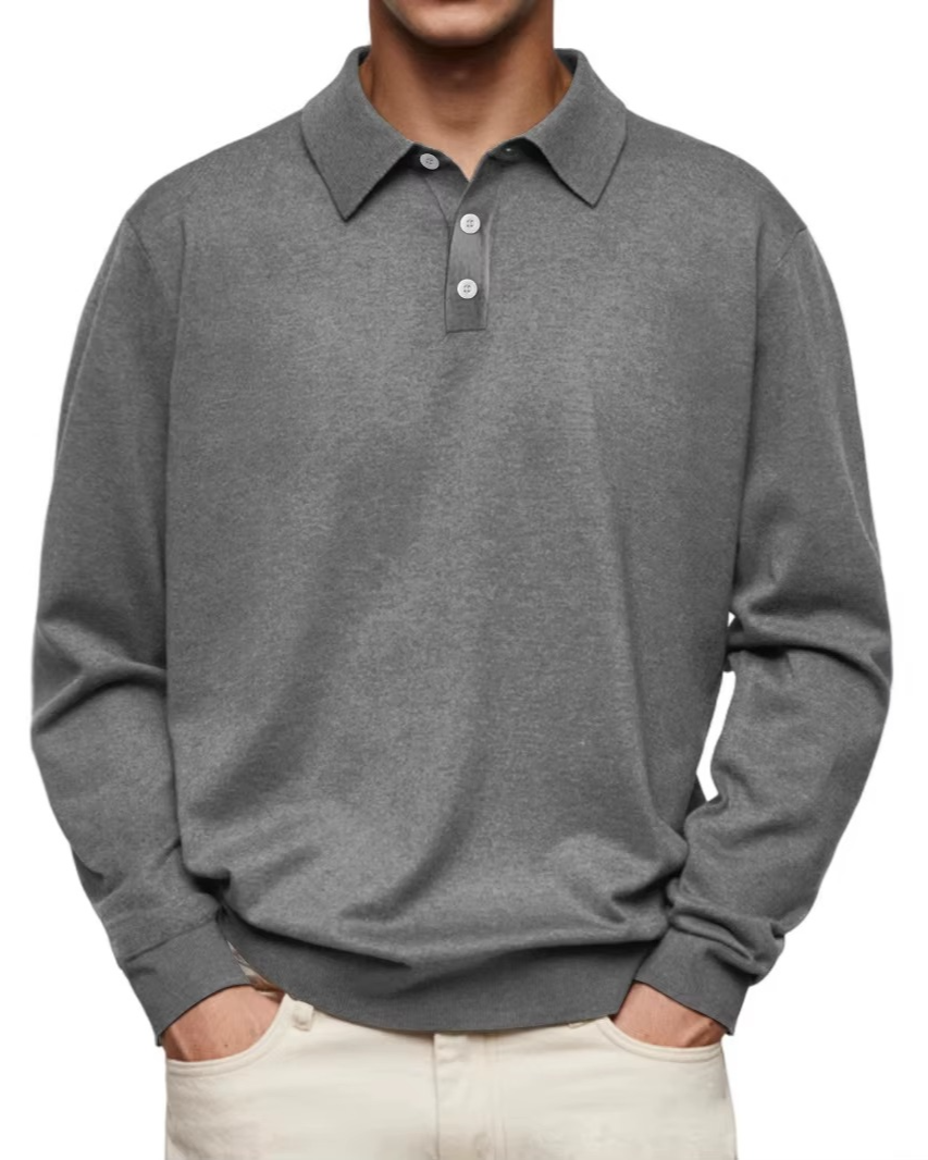 Graues Herren-Poloshirt aus Baumwolle, langärmelig, klassischer Kragen, Knopfleiste, lässiger Stil. Ideal für Freizeitmode und Business-Casual.