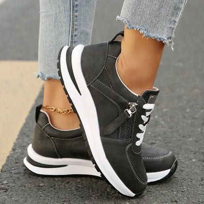 Damen Sneakers mit Plateau, Schnürung, seitlichem Reißverschluss und orthopädischer Sohle