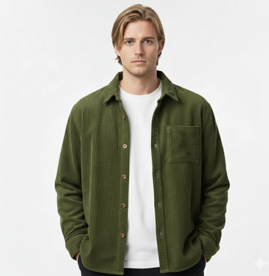 Men's Overshirt Jacket for Autumn with Button Placket and Kent Collar