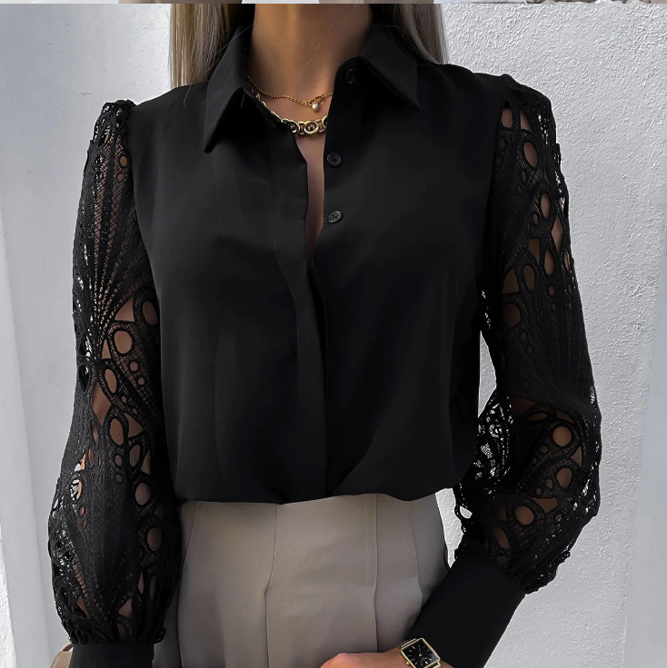 Women's blouse with textured collar, loose fit, and button placket