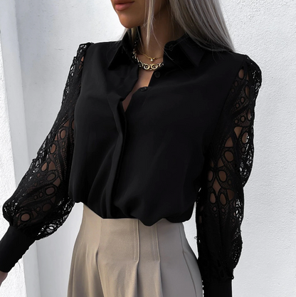 Women's blouse with textured collar, loose fit, and button placket