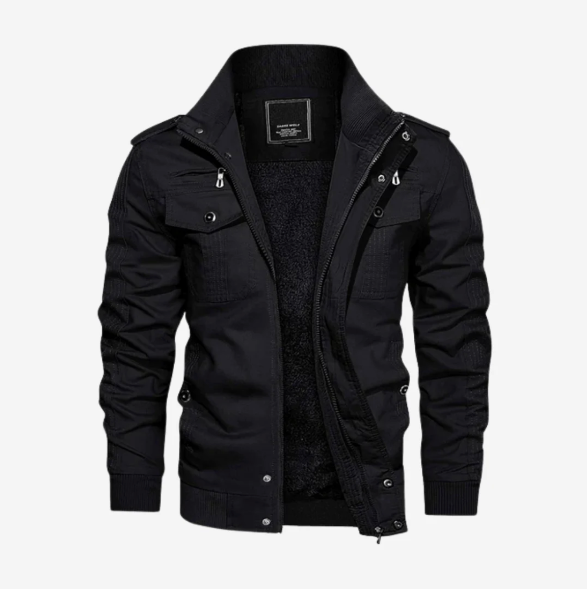 Schwarze Herrenjacke mit Reißverschluss, Stehkragen und Taschen. Modische, warme Übergangsjacke für Herbst und Winter. Ideal für Outdoor-Aktivitäten.