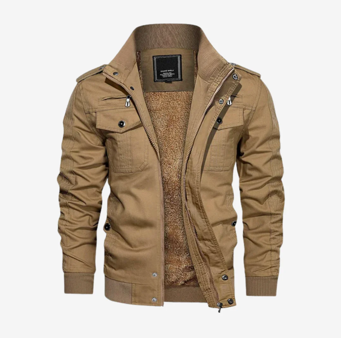 Braune Herrenjacke mit Reißverschluss, Stehkragen und mehreren Taschen. Modische Outdoor-Jacke, ideal für Herbst und Winter.