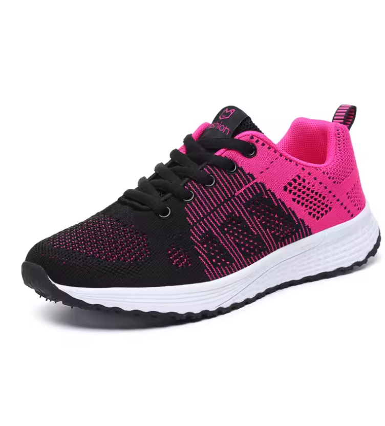 Schwarzer und pinker Damen-Laufschuh mit atmungsaktivem Mesh-Obermaterial, weißer Sohle und Schnürverschluss. Ideal für Sport und Freizeit.