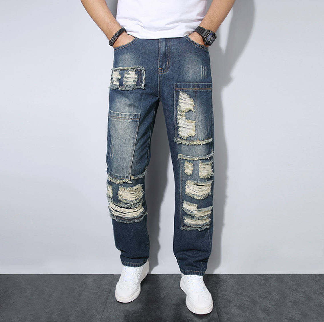 Men's Jeans Loose Straight Cut with Tear and Patchwork Design
