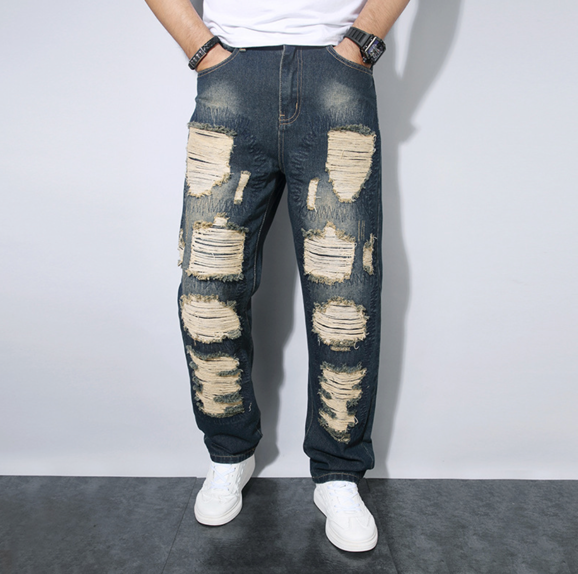 Men's Jeans Loose Straight Cut with Tear and Patchwork Design