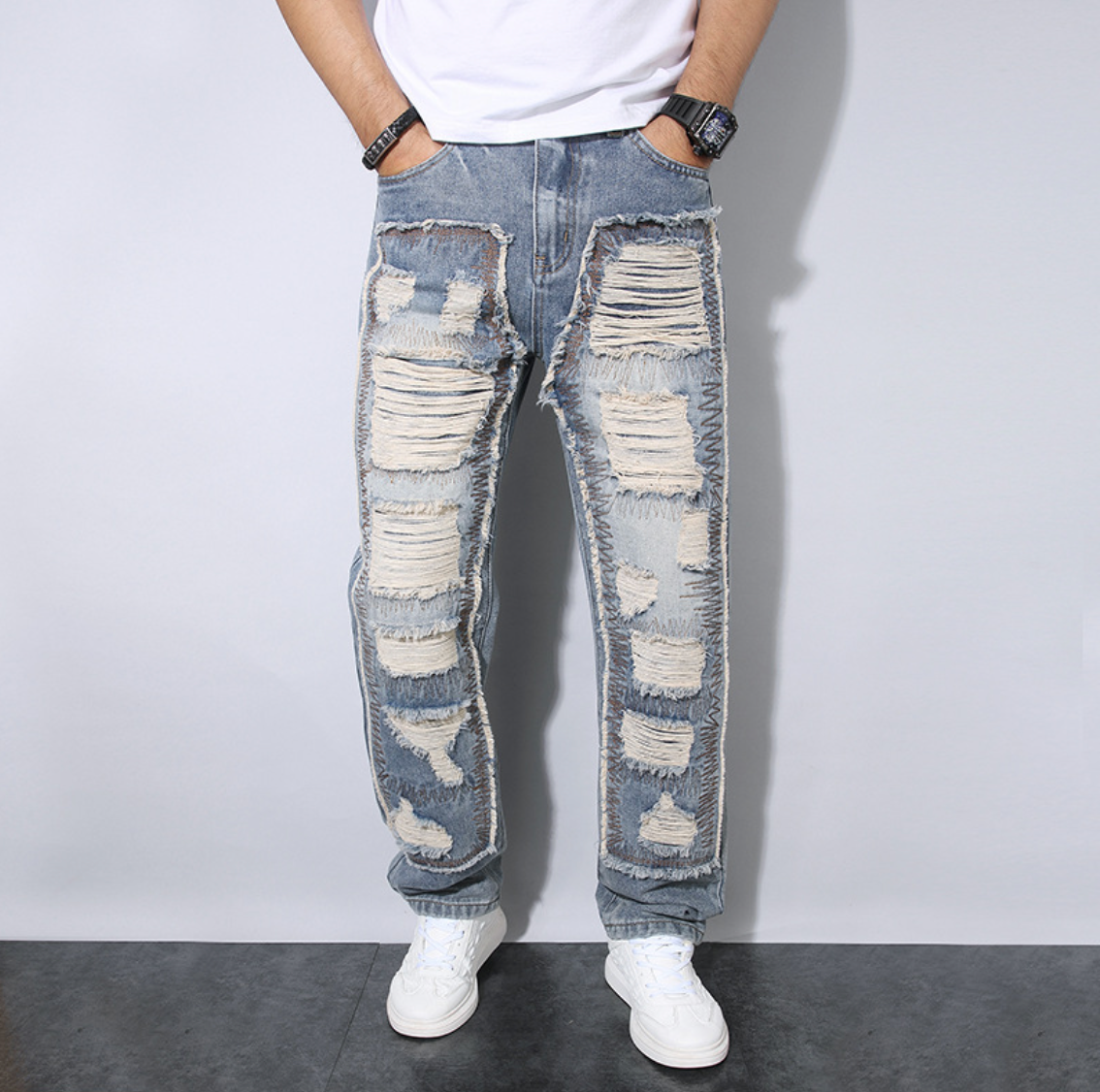 Men's Jeans Loose Straight Cut with Tear and Patchwork Design