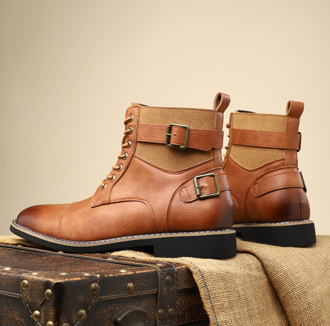 Men's Ankle Boots Mid-Height Shaft Adjustable Strap Treaded Sole
