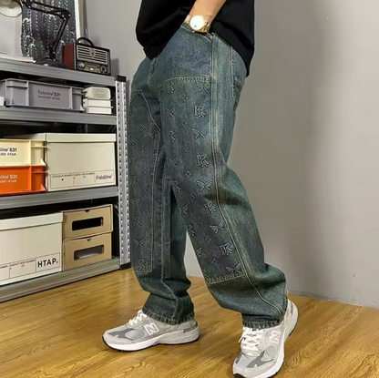 Herren Jeans mit lockerem Schnitt und Schmetterlingsstickerei – Mittlere Bundhöhe
