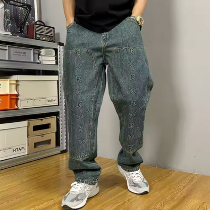 Herren Jeans mit lockerem Schnitt und Schmetterlingsstickerei – Mittlere Bundhöhe