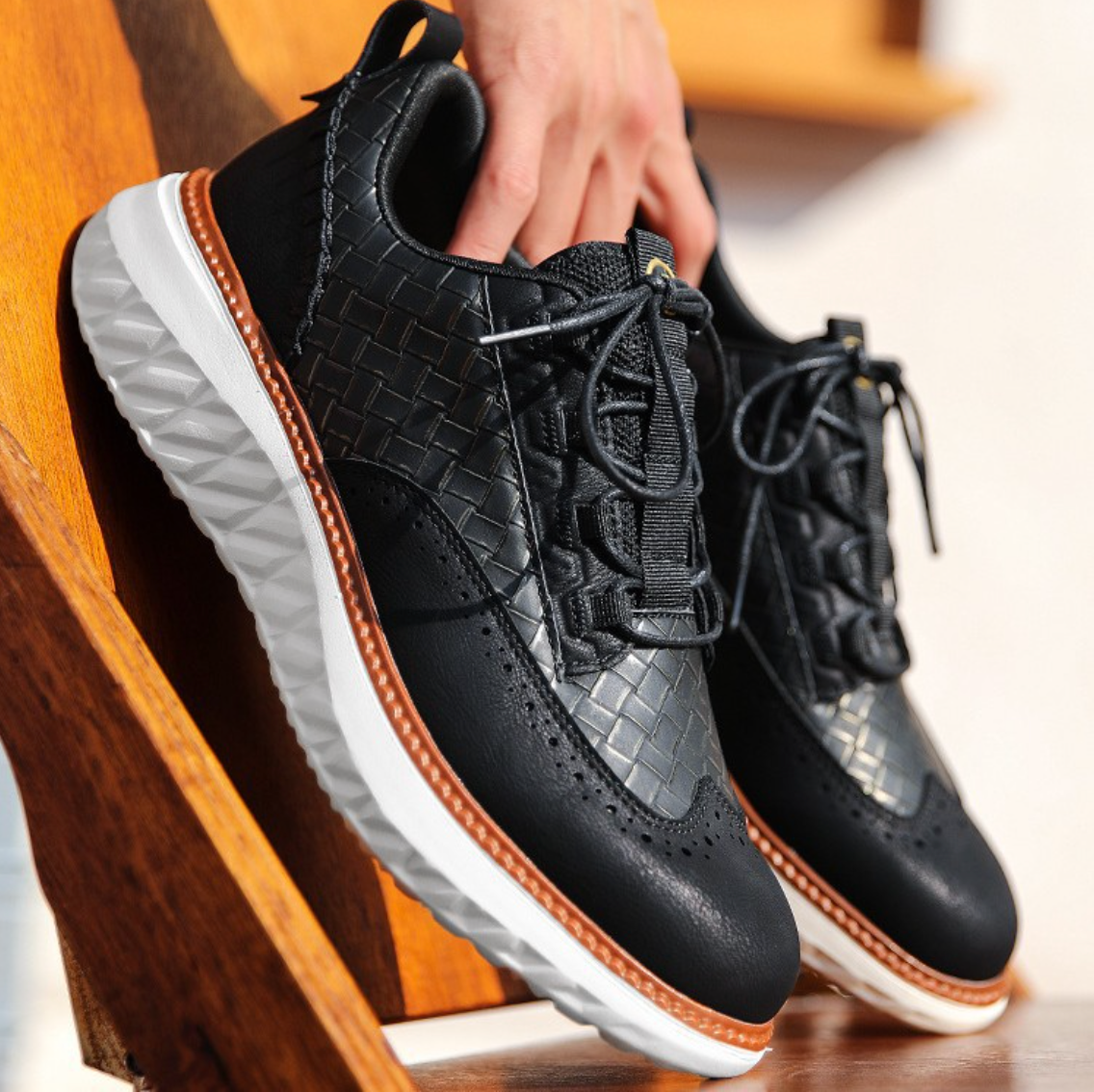 Men's hybrid sneakers with hand-stitched toe, elastic sides, and grippy sole