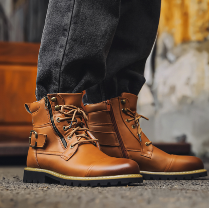 Men's ankle boots with double zipper, brass fittings, and grippy sole