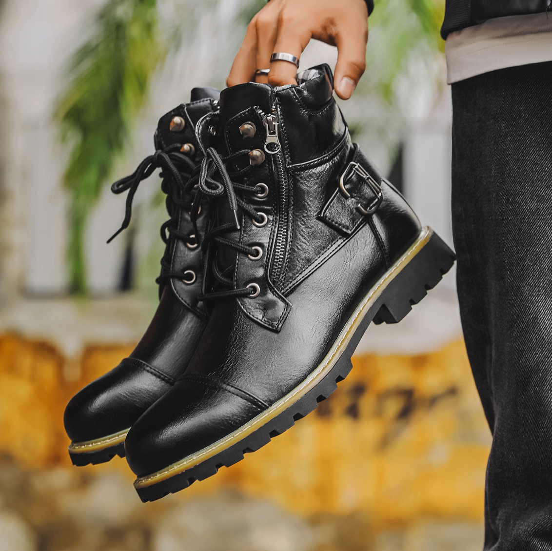 Men's ankle boots with double zipper, brass fittings, and grippy sole
