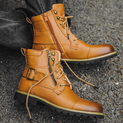 Men's ankle boots with double zipper, brass fittings, and grippy sole