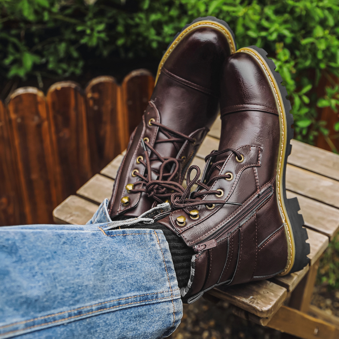 Men's ankle boots with double zipper, brass fittings, and grippy sole