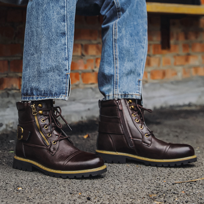 Men's ankle boots with double zipper, brass fittings, and grippy sole