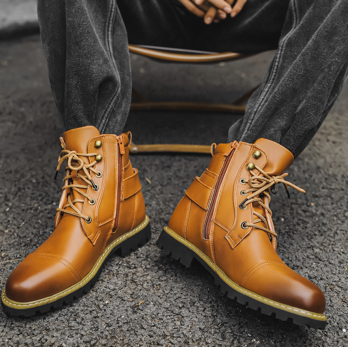 Men's ankle boots with double zipper, brass fittings, and grippy sole