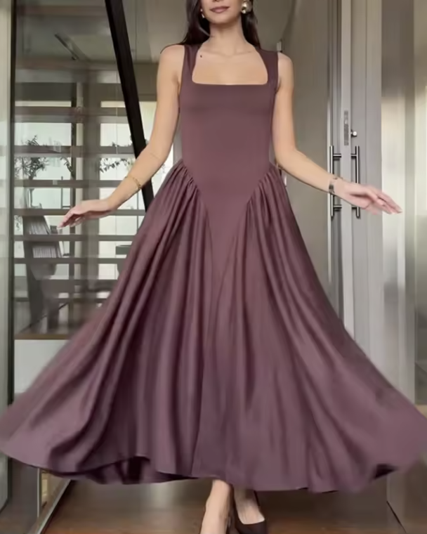Damen Midikleid mit Karree Ausschnitt – Faltendetails Taillierte Silhouette