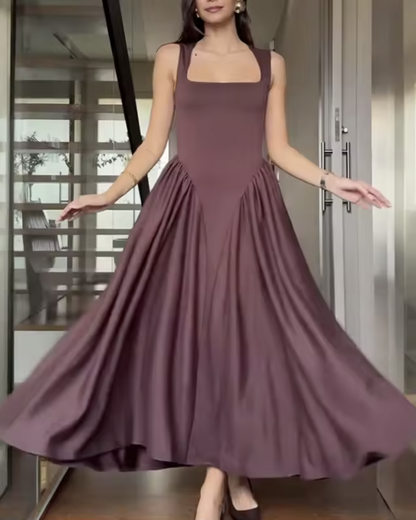 Damen Midikleid mit Karree Ausschnitt – Faltendetails Taillierte Silhouette