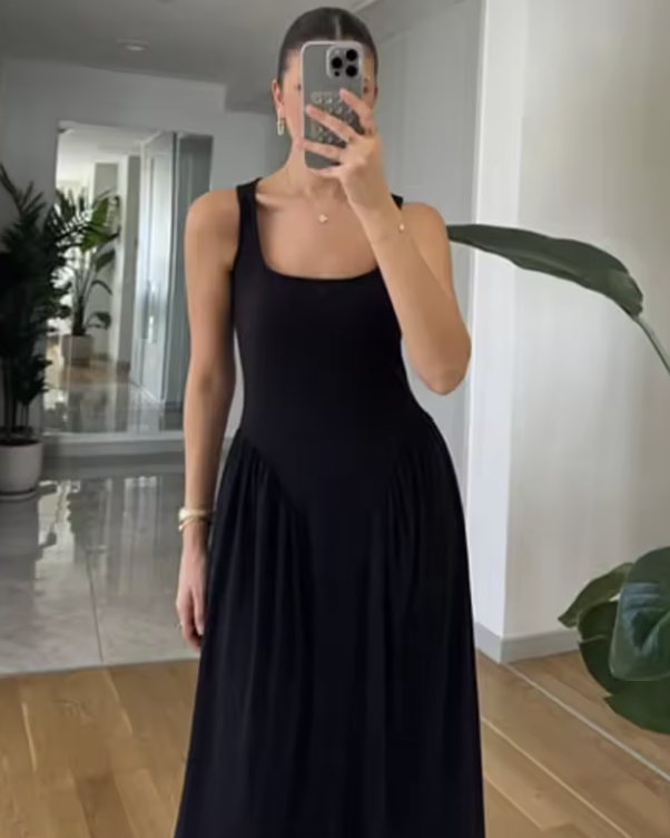 Damen Midikleid mit Karree Ausschnitt – Faltendetails Taillierte Silhouette