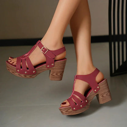 Damen-Sommersandalen Mit Plateau, Blockabsatz, Cut-Out Und Verstellbarem Knöchelriemen