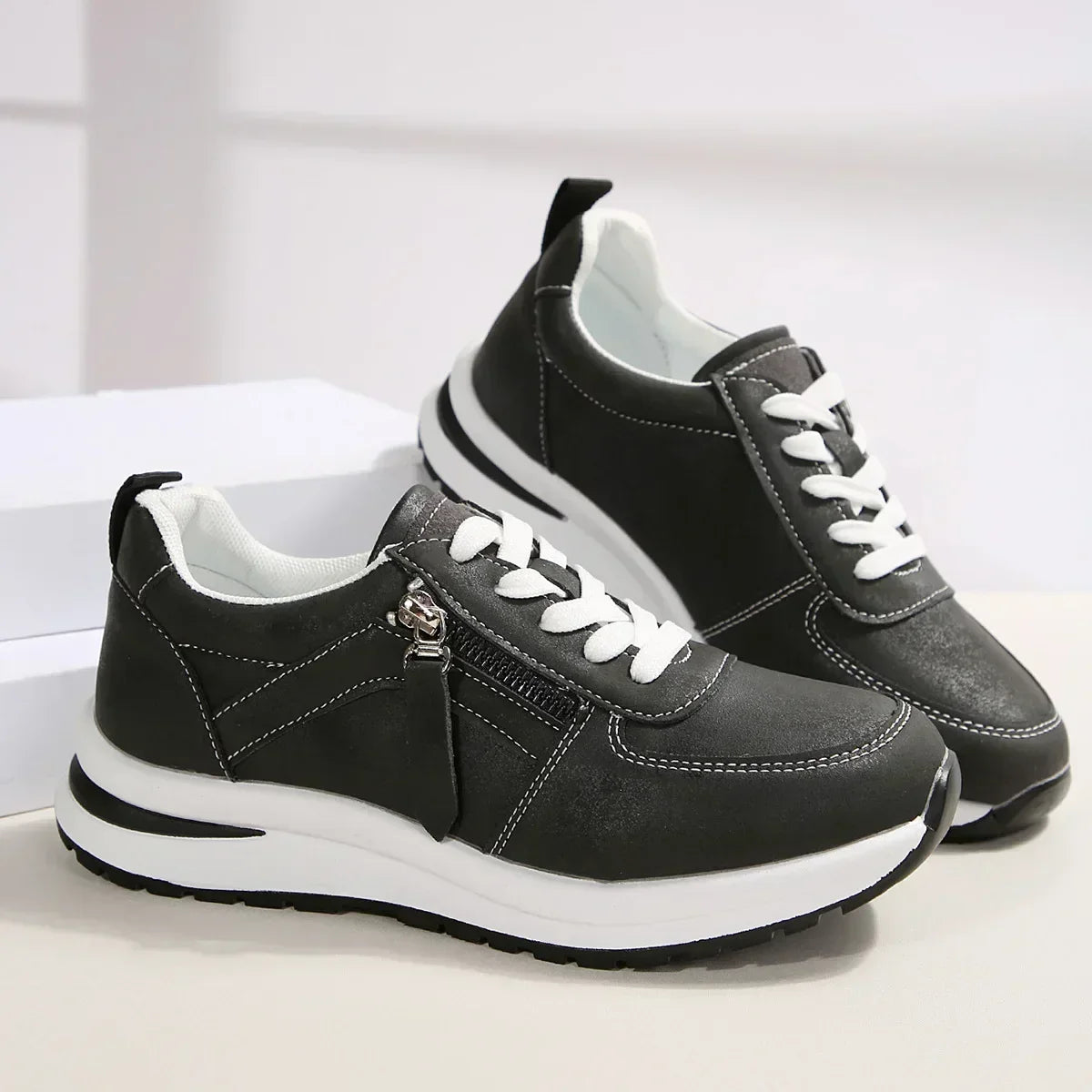 Damen Sneakers mit Plateau, Schnürung, seitlichem Reißverschluss und orthopädischer Sohle