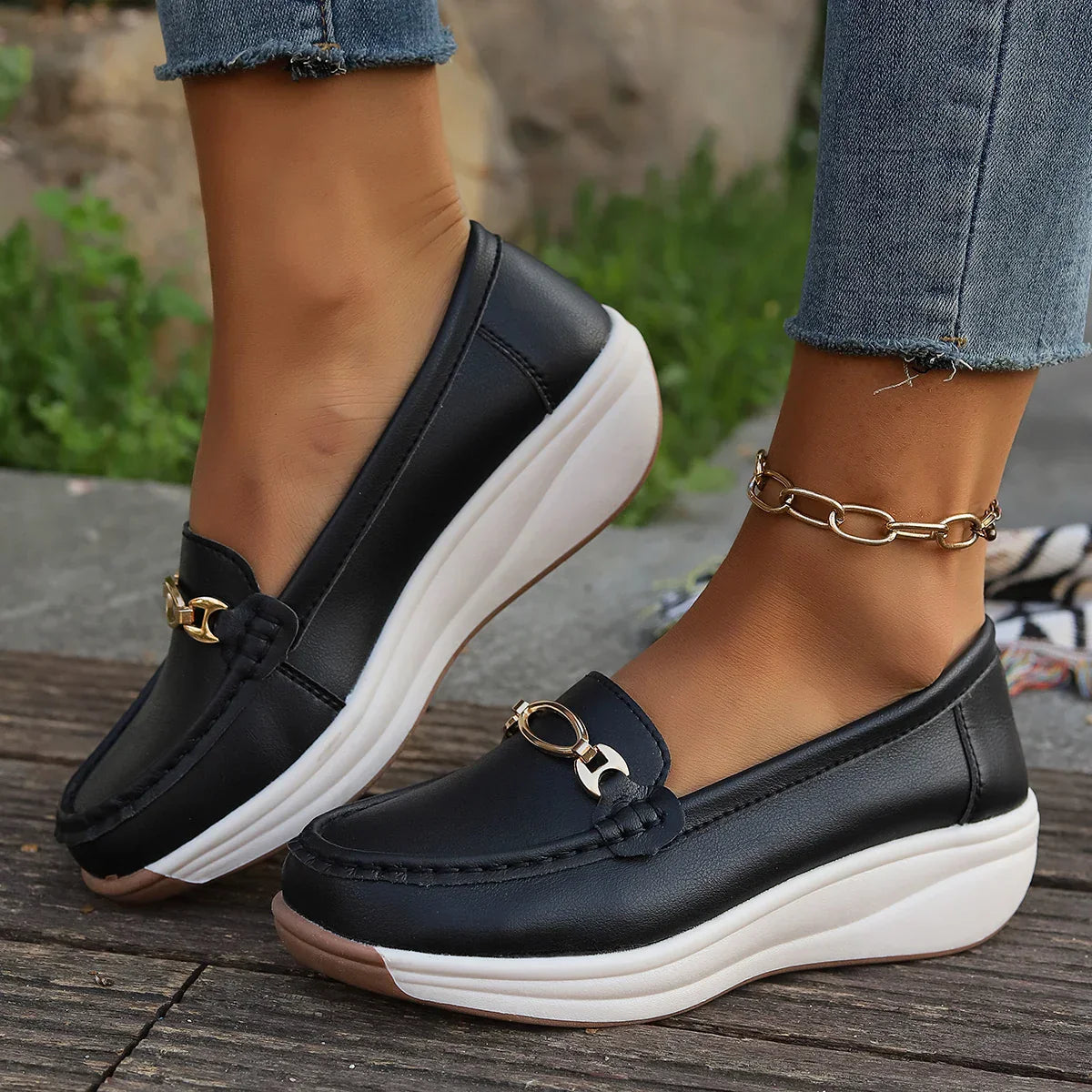 Damen Plateau-Loafer, Goldfarben, Zum Hineinschlüpfen, Flexible Laufsohle
