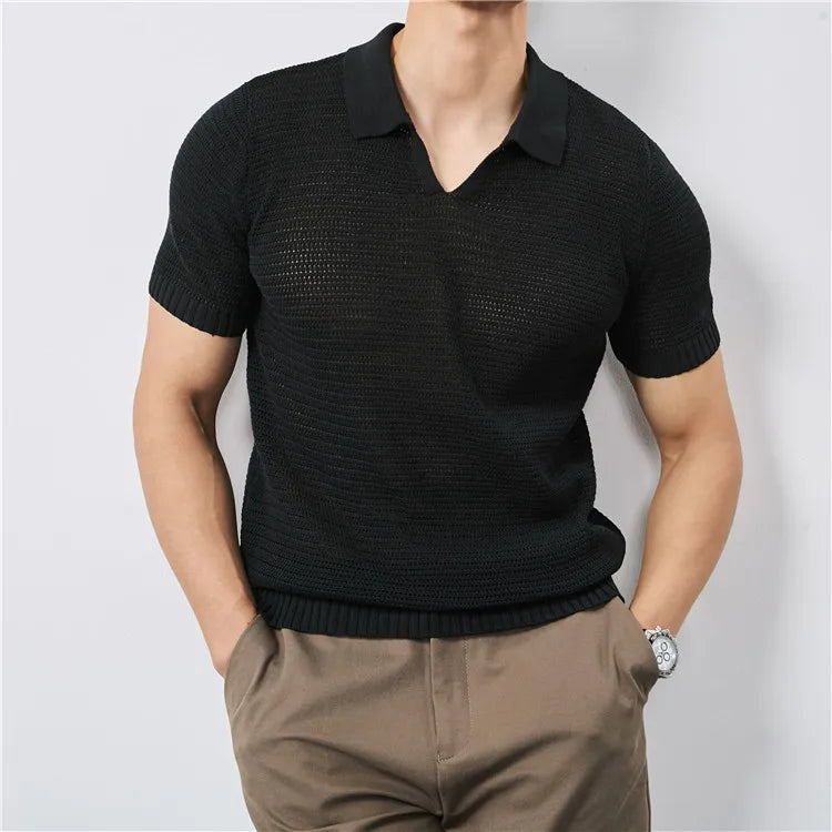 Men's Summer Knitted Polo Shirt with V-Neck, Elastic Waistband, and Breathable Fabric