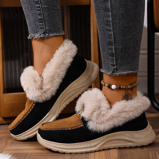 Damen Loafer Veganes Wildleder Orthopädische Plateausohle Kunstfellkragen mit Kettendetail