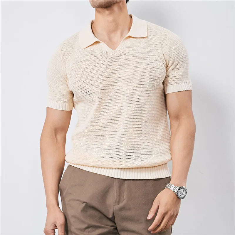 Men's Summer Knitted Polo Shirt with V-Neck, Elastic Waistband, and Breathable Fabric