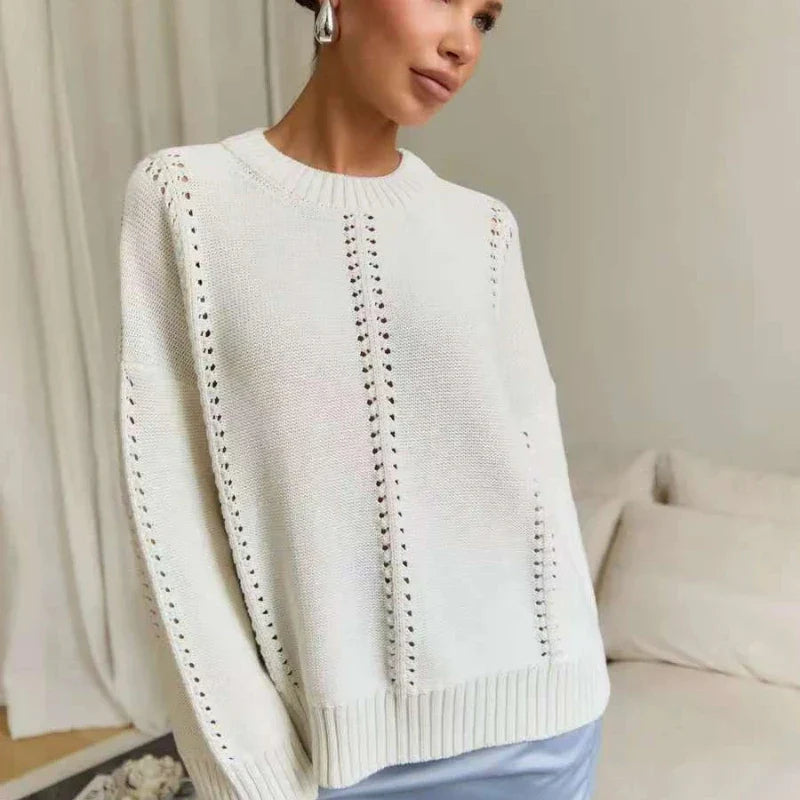 Women's Oversized Knit Sweater with Openwork Pattern, Crew Neck, Long Sleeves