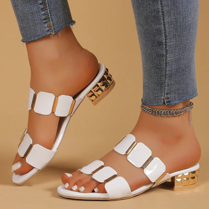 Women's summer slip-on shoes with shiny finish and golden accents