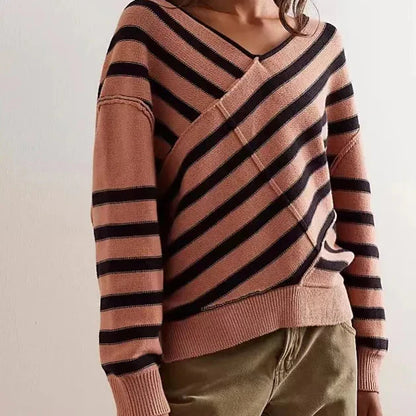 Damen Strickpullover V-Ausschnitt Lockere Passform Diagonale Streifen