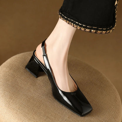 Women's Slingback Heels Square Toe Block Heel Shiny Surface