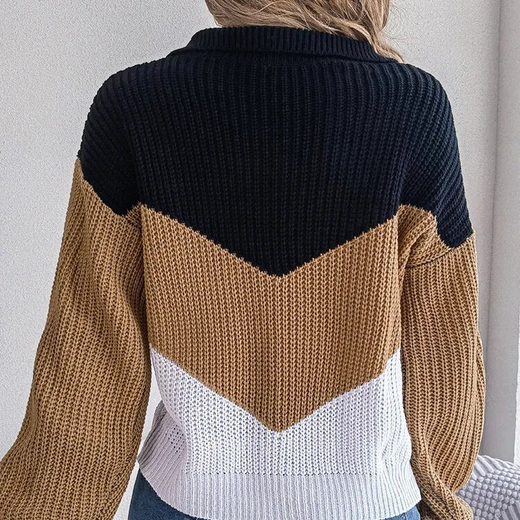 Damen-Strickpullover mit V-Ausschnitt und Colour-Block-Design