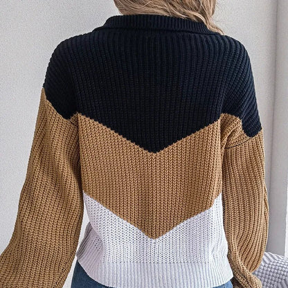 Damen-Strickpullover mit V-Ausschnitt und Colour-Block-Design