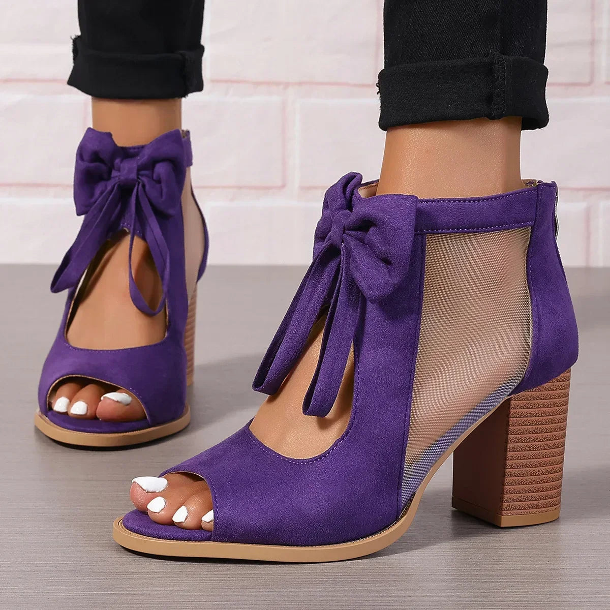 Damen-Sandalen Mit Absatz, Schleifendetail, Mesh-Einsätzen, Blockabsatz, Reißverschluss Hinten
