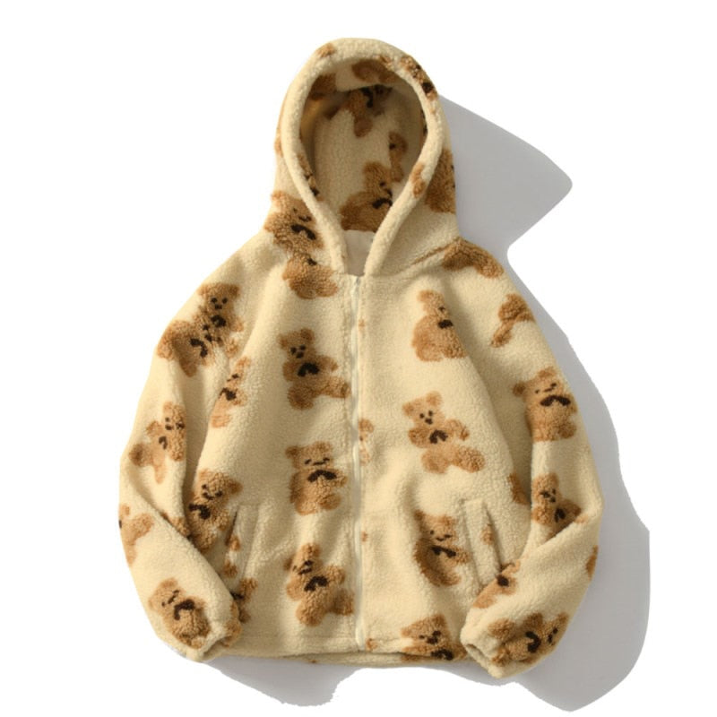 Damen Plüschjacke Mit Kapuze Und Bärendruck