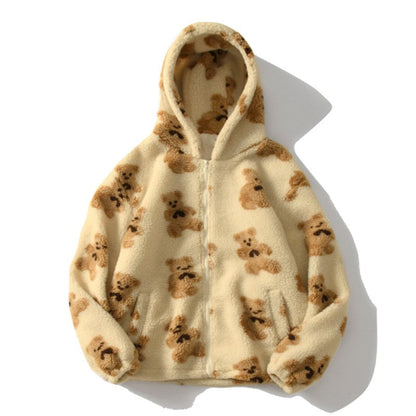 Damen Plüschjacke Mit Kapuze Und Bärendruck