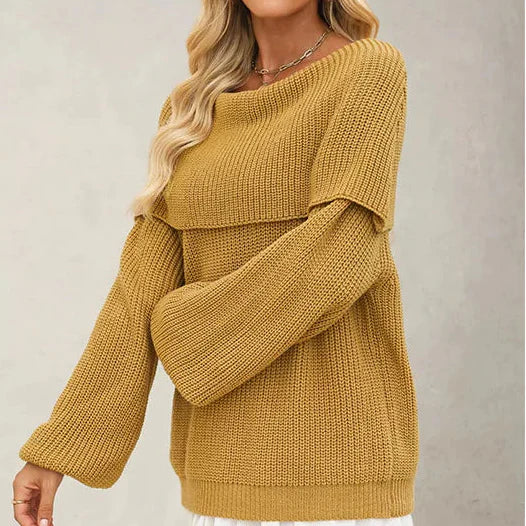 Women's Knit Sweater with Overlapping Collar and Wide Sleeves