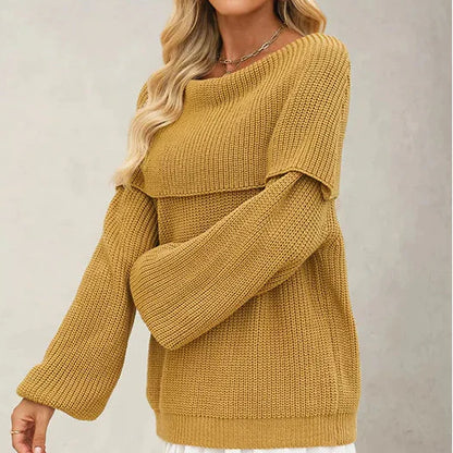 Women's Knit Sweater with Overlapping Collar and Wide Sleeves